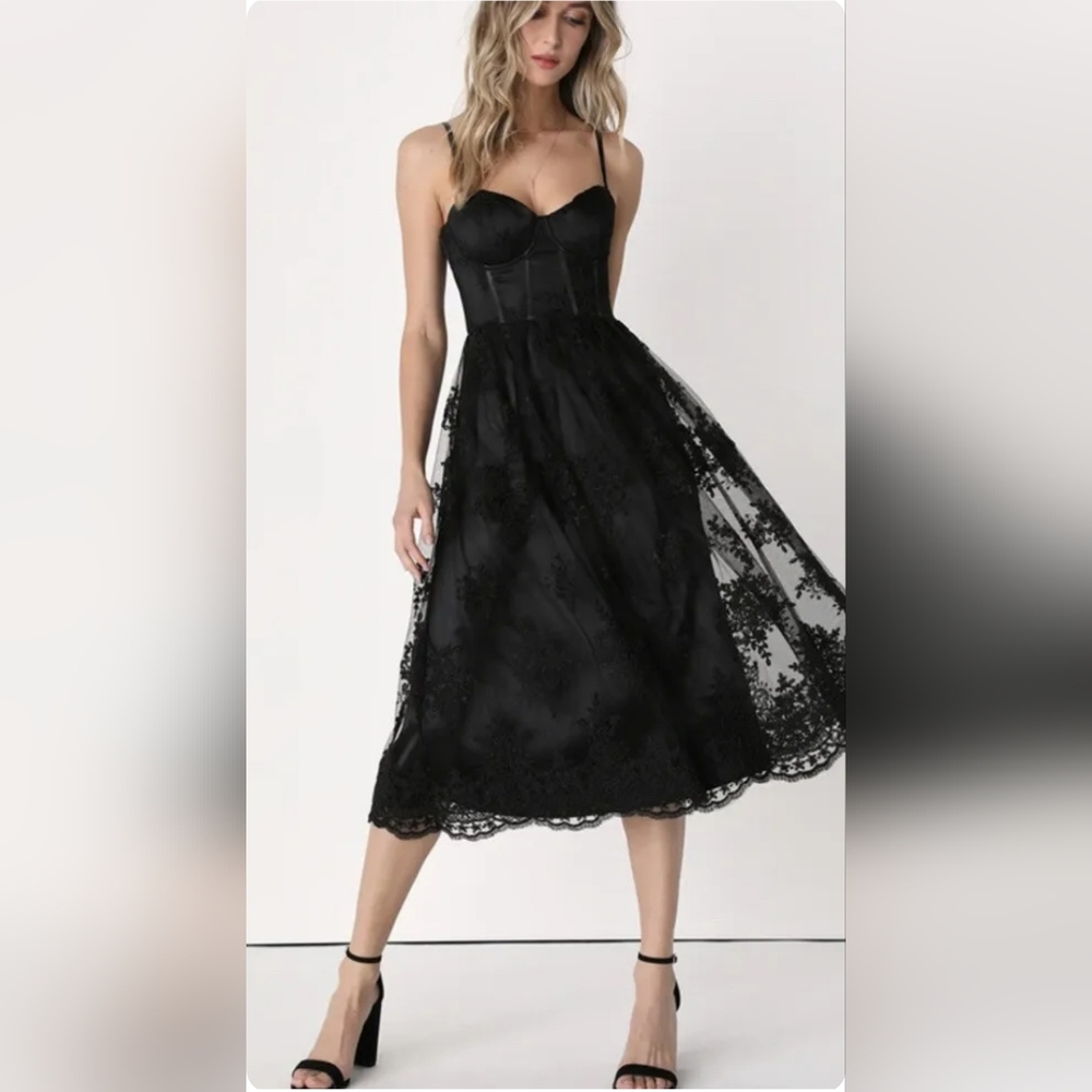 NWT Lulus My Darling Daydreamer Black Lace Bustier Midi Dress Size XL